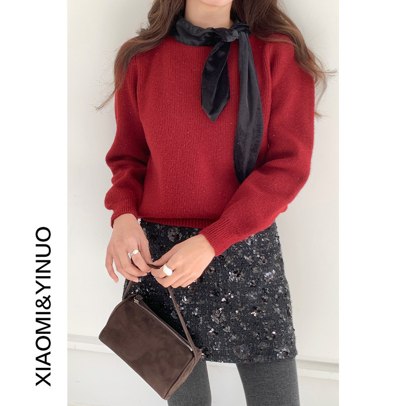 [Oufan] Dirin style design shiny velvet lace-up long sleeve sweater women's short knitted top 2664