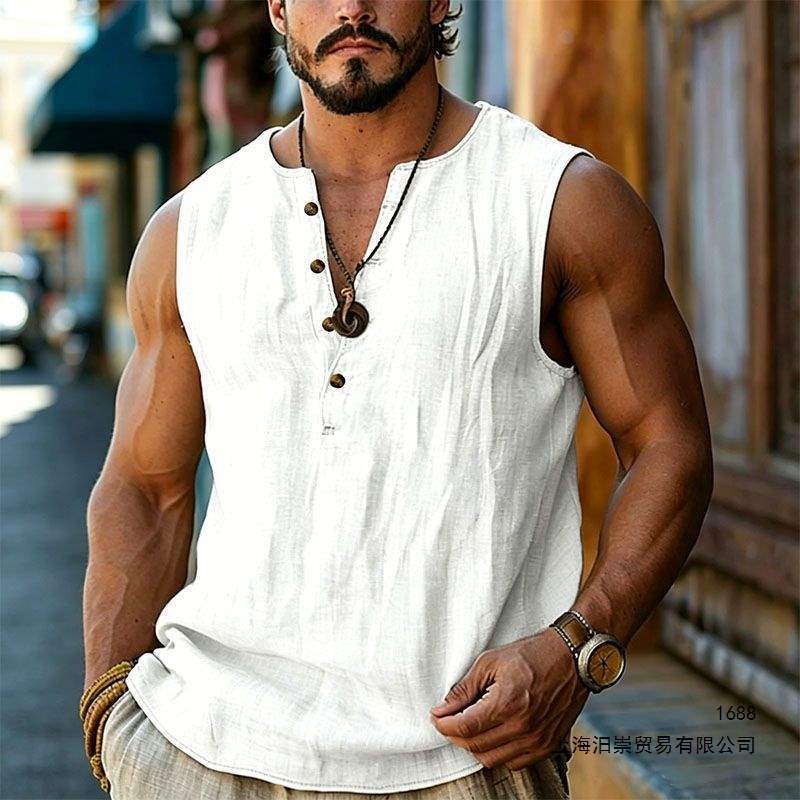 Men's Henley Collar Shirt Vest Sleeveless Button-Down Shirt Summer Solid Color Fashion Trendy Design Bohemian Vacation