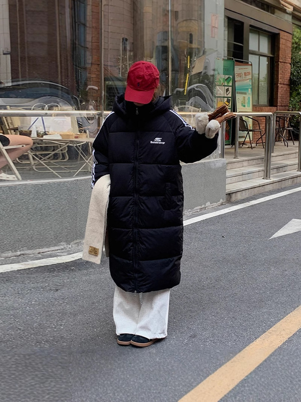 新款长款过膝三条杠羽绒棉服女2025年冬季小个子宽松保暖棉袄外套|undefined