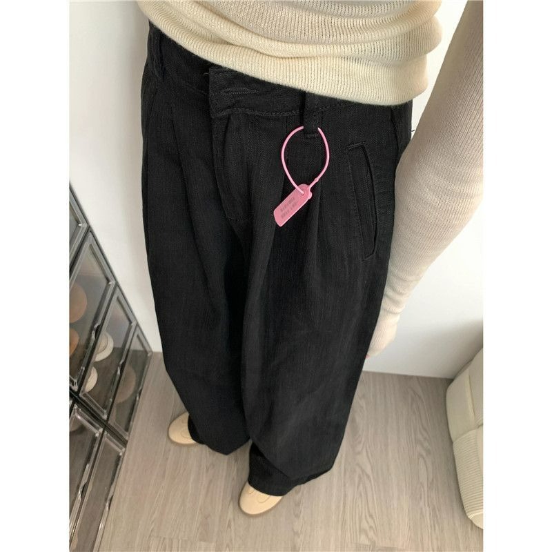 작은 미국 스타일 복고풍 검은 넓은 다리 높은 허리 청바지 가을 새로운 느슨한 슬리밍 스트레이트 바지