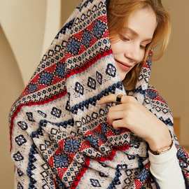 100%纯山羊绒女士民族风披肩围巾四季盖毯秋冬新款沙发毯旅行必备