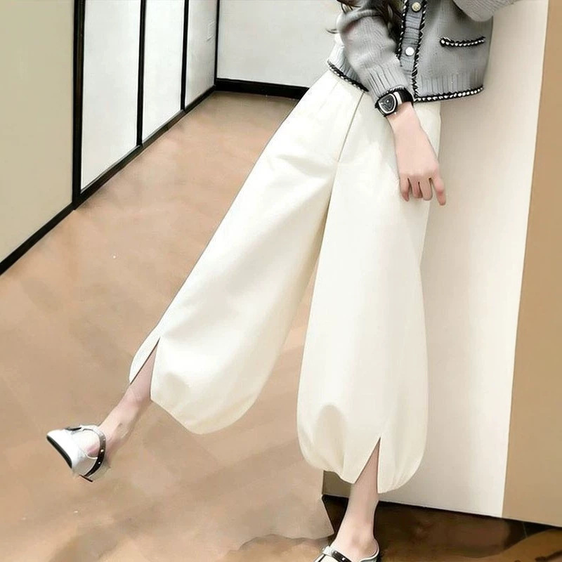 Stunning White High-Waisted Lantern Pants, New Summer Style, Versatile, Slimming, Loose Wide-Leg, Floral Nine-Point Pants for Women, Patchwork Design