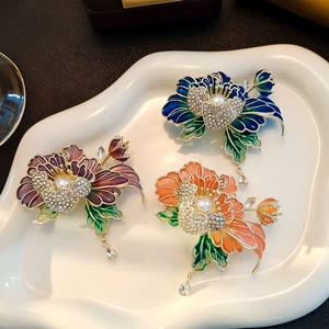 Chinese Style Enamel Peony Flower Brooch Light Luxury Retro High-end Flower Corsage Pressure Breasted Clothing Pin Hanfu Accessories
