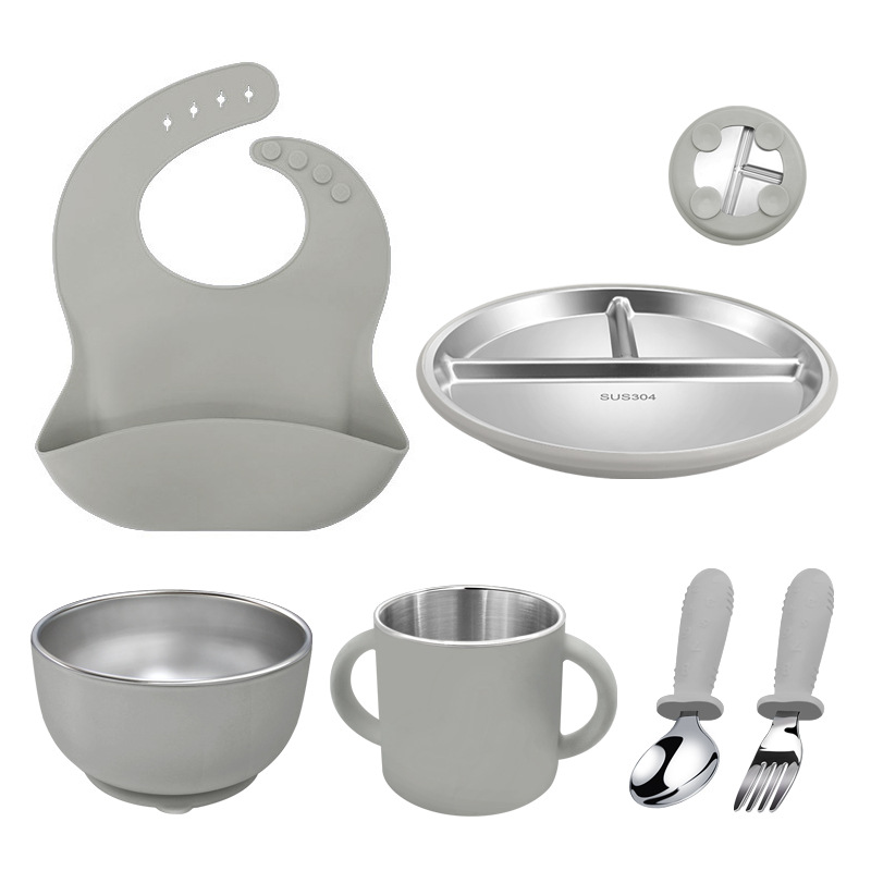 그을음 (턱받이 + 스테인리스 접시 + 스테인리스 원형 그릇 + 스테인리스 이중 귀 컵 + 스테인리스 디지털 포크와 스푼)