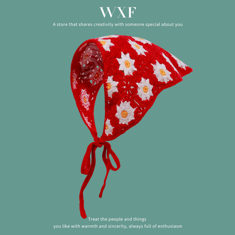 Francés vintage turbante mujer turbante triángulo de dopamina viaje dulce encantador gancho flores estilo de arte de punto de moda correa de pelo