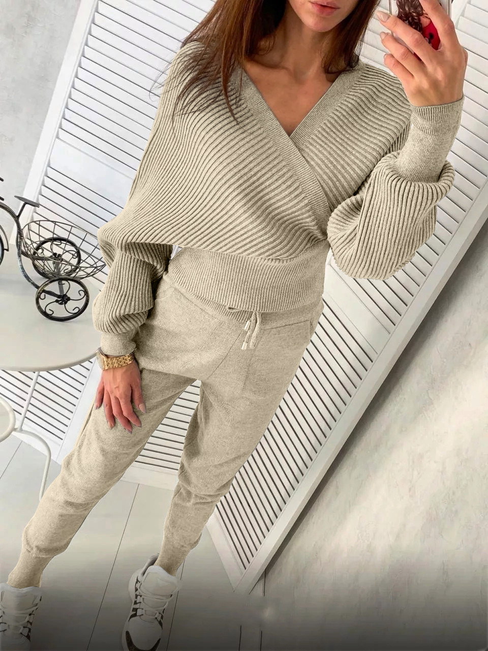 backless knitted V-neck top and trousers two-piece lounge set nihaostyles clothing wholesale NSJXW105077