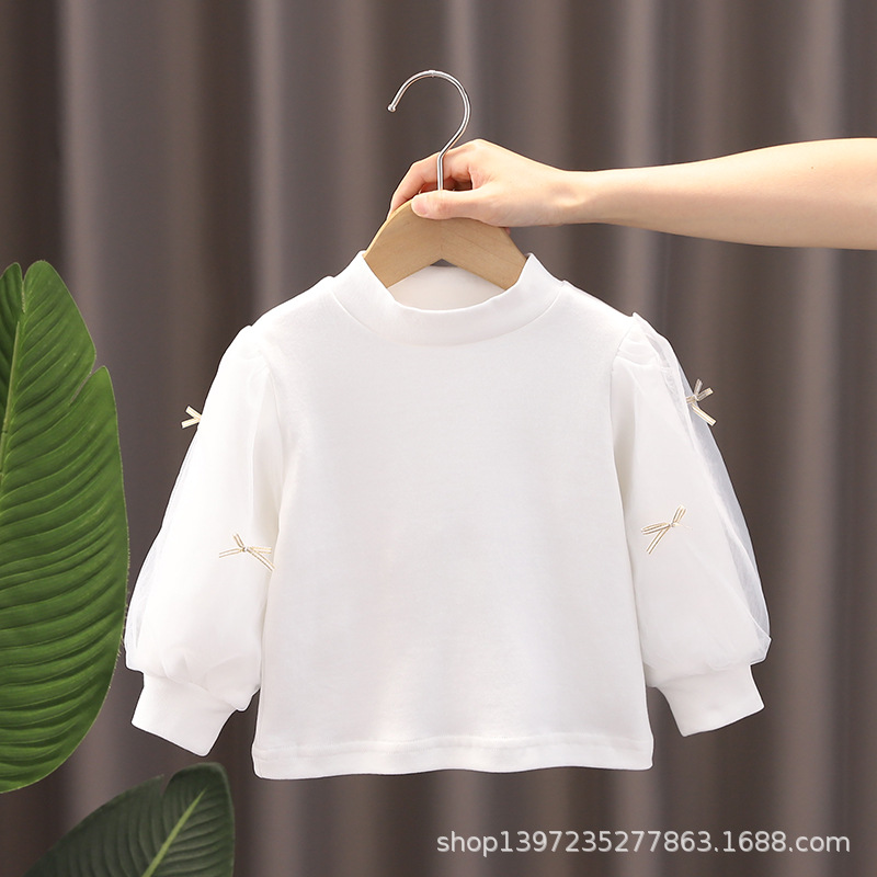 Girls bottoming shirt 2022 Autumn and winter new pattern Female baby pure cotton Stand collar T-shirt jacket Children white Yarn Sleeve Compassionate 2