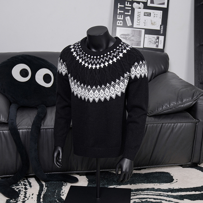 费尔岛绞花圆领毛衣男女秋冬慵懒老钱风高级感百搭加厚打底针织衫，男装针织衫/毛衣，星座614