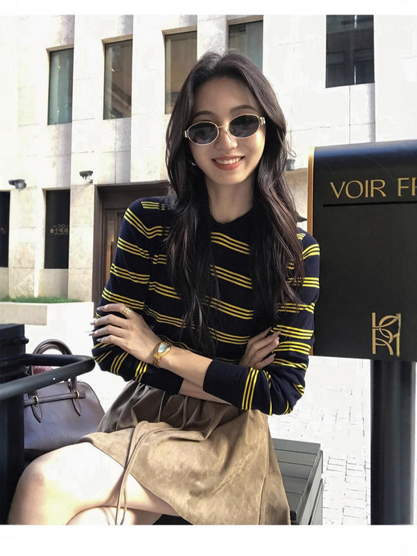 美式撞色条纹polo衫长袖T恤女宽松复古通勤针织上衣|undefined
