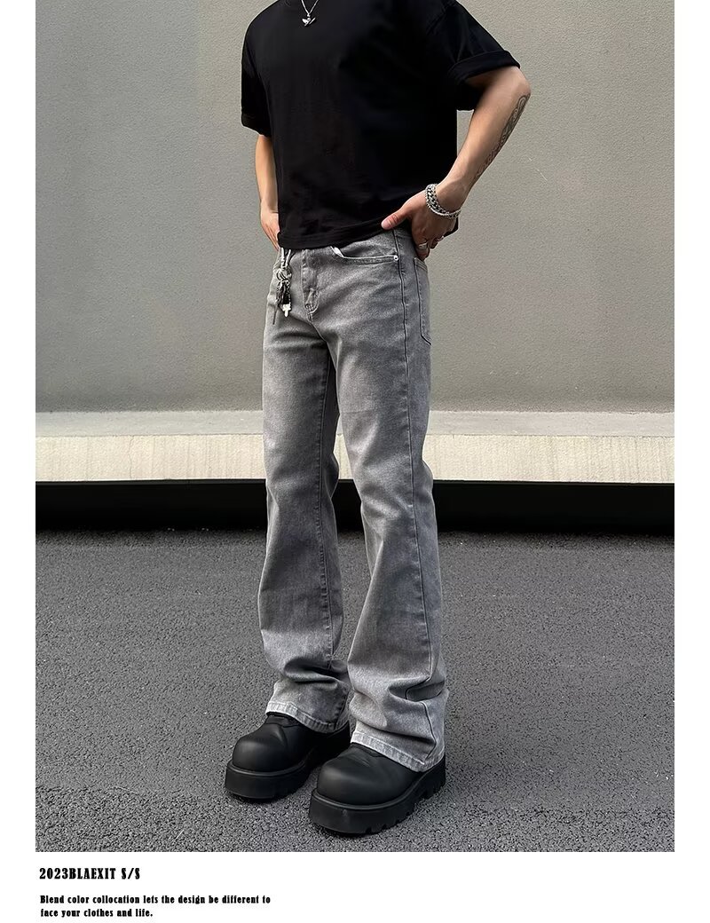 Men's Gray American Streetwear Vintage Wash Flared Jeans, Relaxed Fit Bootcut Denim Pants With Distressed Details For Urban Fashion_mkmklike.com