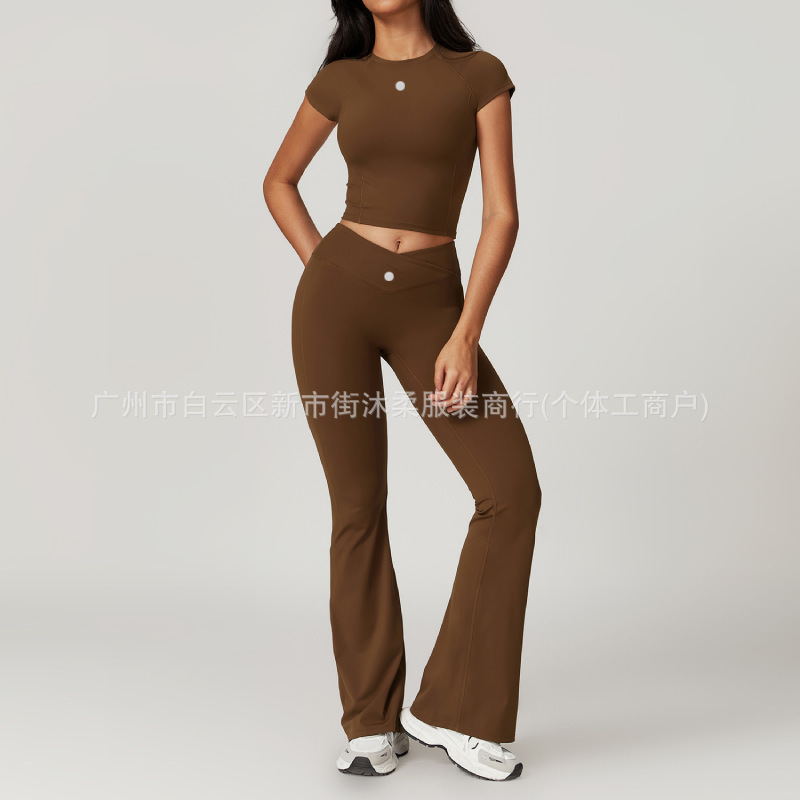 A-Letter Summer Tight-Fitting Quick-Dry Yoga Set for Women, Suitable for Outdoor Running, Short-Sleeve Sports Wear with Beautiful Back Design, Gym Outfit, Yoga Pants