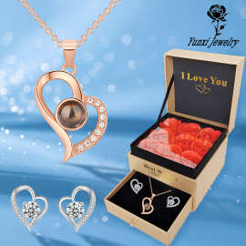 跨境亚马逊新款桃心吊坠耳钉首饰套装ozon爆款100种语言投影项链