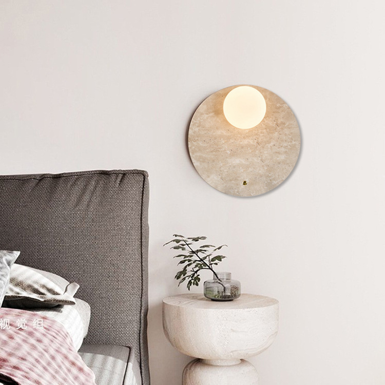 Dormitorio de agujero crema porche redonda nórdica de piedra cabeza de cama de ventilador diseñador simple diseño silencioso lámpara de pared de ventilador lámpara amarilla