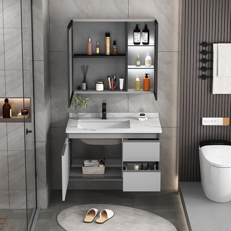 Engrosado espacio de aluminio gabinete de baño combinación lavabo piscina baño integrado lavabo de cerámica mesa de lavado
