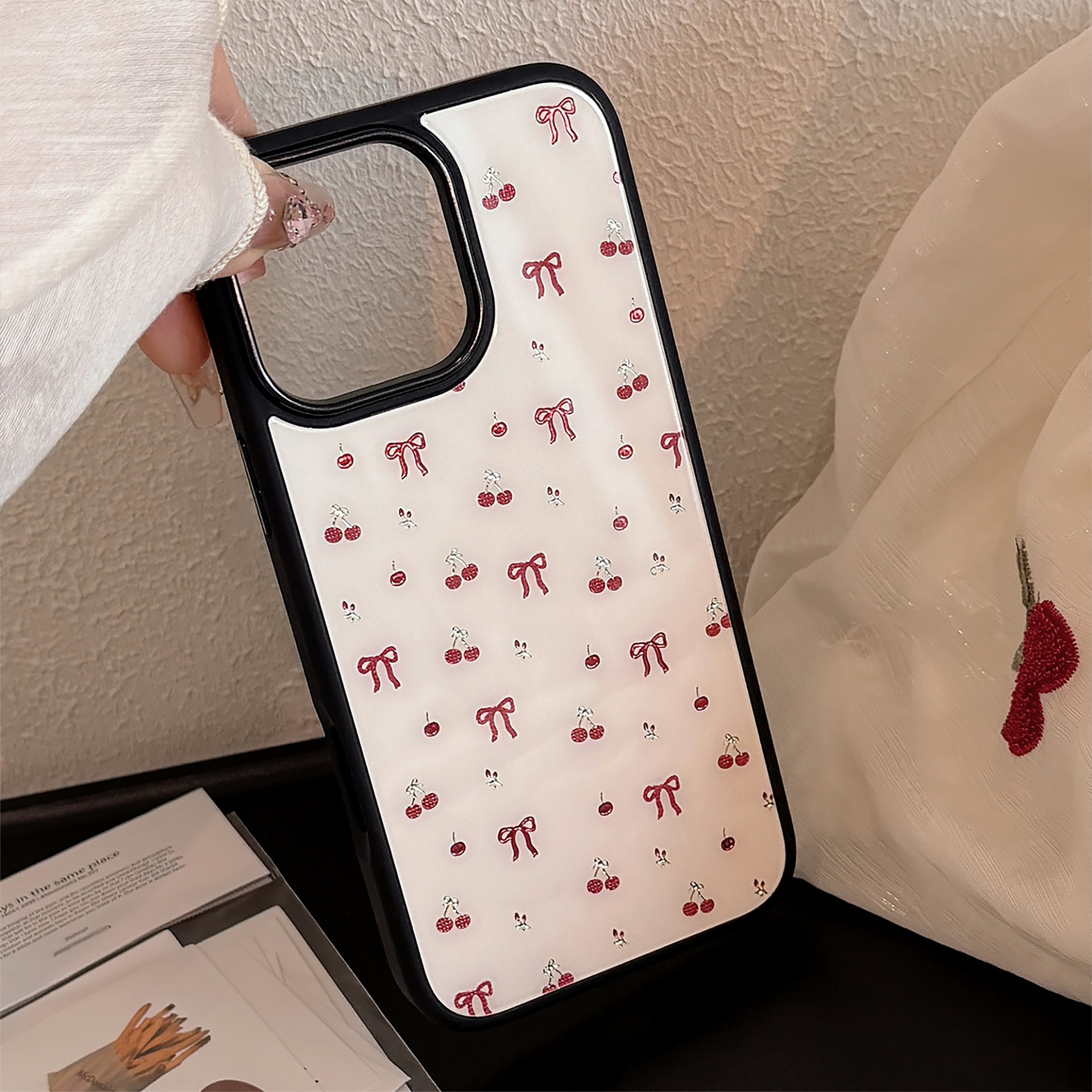Premium Glass Phone Case With Gilt Cherry Design For Iphone_voghion.com