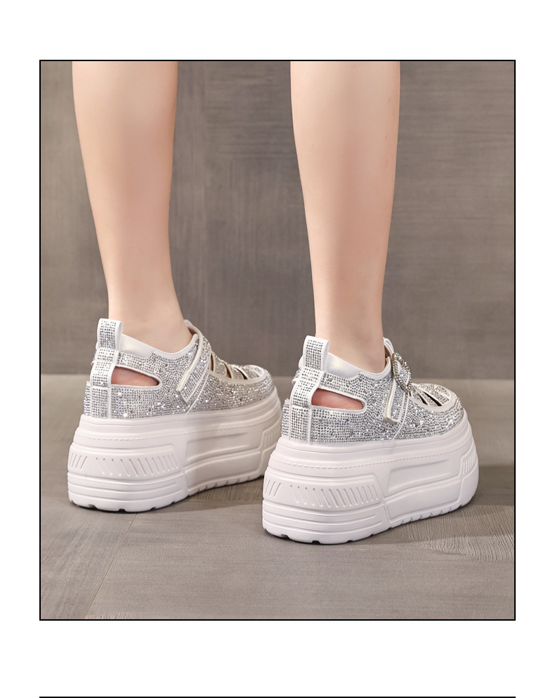 Giày sneaker nữ đế dày tăng chiều cao, phối đá rhinestone, kiểu dáng thể thao trắng tinh — màu trắng chi tiết 16