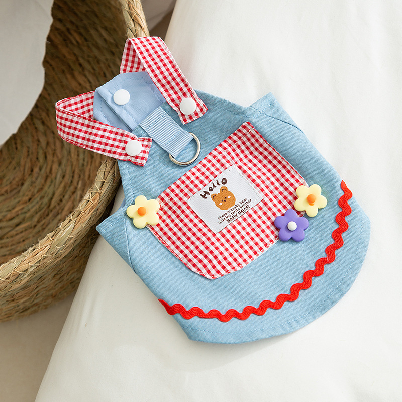 Cute gato primavera y verano bolsillo de cuadrícula vaquero osos correa falda perro princesa vestido de gato mascota ropa