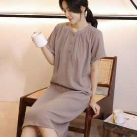绉布睡裙女日系薄款简约纯棉宽松家居服春夏可外穿睡衣女无印睡袍