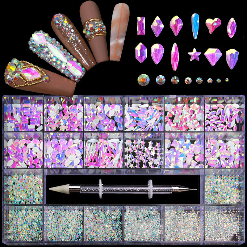 Clavo transfronterizo 21 rejilla rhinestone en caja taladro de uñas plano en forma especial diamante uñas rhinestone joyería traje al por mayor