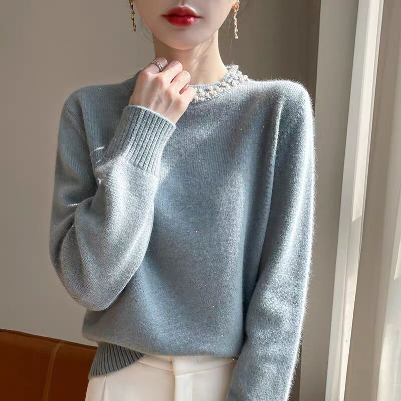 Suelta, camisa de base de cuentas de clavos de sequillas para mujeres 2025, nuevo estilo de otoño y invierno, suéter de punto de mujer grande