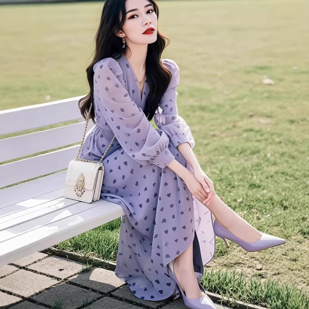 Váy dài maxi nữ họa tiết hoa tình yêu kiểu Pháp cổ điển — Hoa tím chi tiết 5
