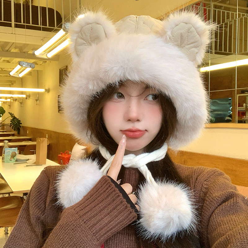 Bonito oso orejas gorra de peluche para mujeres otoño y invierno cara pequeña gorra de vello gruesa para montar en bicicleta a prueba de viento