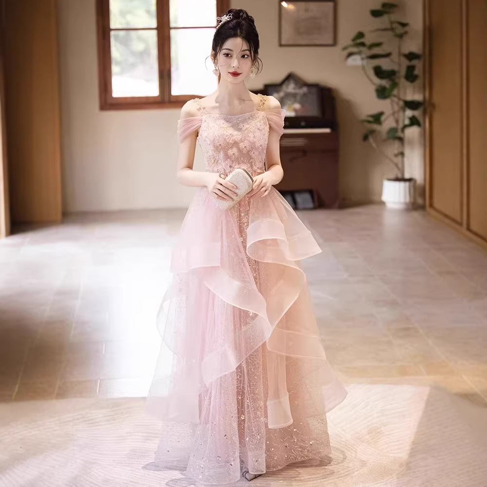 Elegant Pink Strapless French Evening Gown For Banquet, Engagement Party And Host Occasion_ecoleips.com