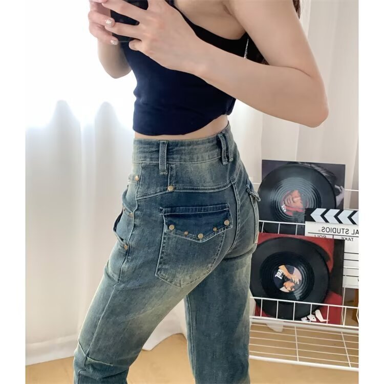 美式复古高腰微喇牛仔裤女大码夏季新款薄款修身显瘦马蹄喇叭裤子|undefined