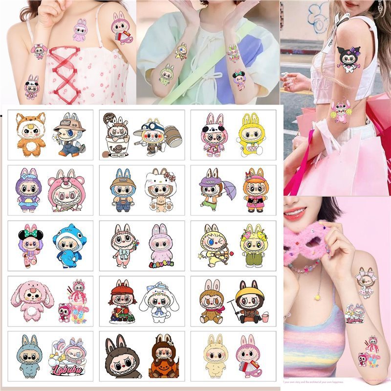 Children's Cartoon Labubu Tattoo Stickers, High-End Cute Colorfulful Cartoon Girl Heart Temporary Labubu Tattoo Stickers