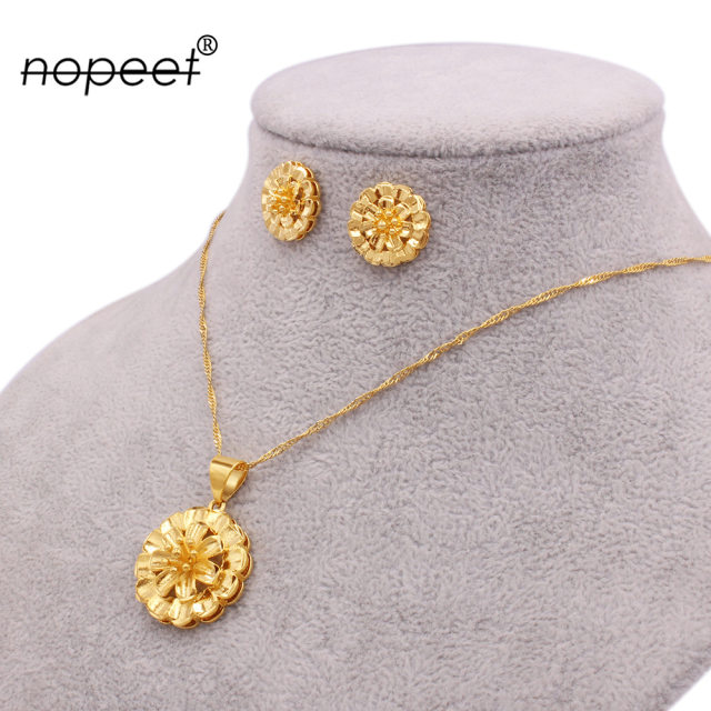 NOPEET Dubai 24k Gold Plated Jewelry Set Indian Bridal African Jewelry Necklace Earrings Two Pack