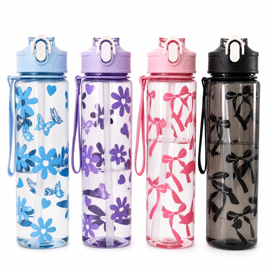 Cross-border frosted portable cup with pop-up lid, handle strap, bow and floral patterns, multi-pattern student sports portable water bottle