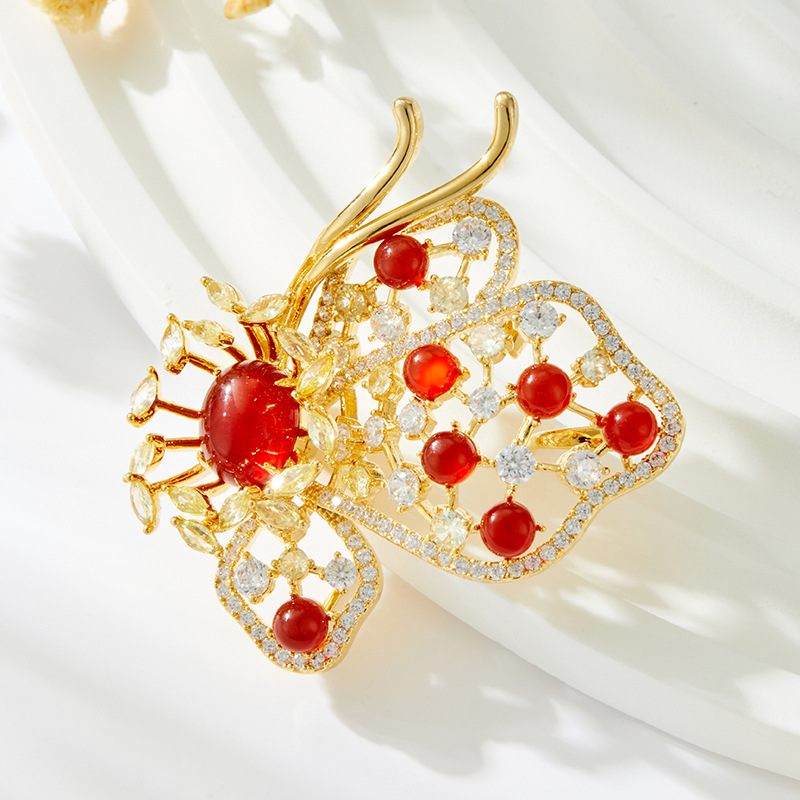 Butterfly Rhythm Three-Color Butterfly Chinese Style Brooch Retro High-End Copper Alloy Red Agate Inlaid Zircon Brooch Popular Pin