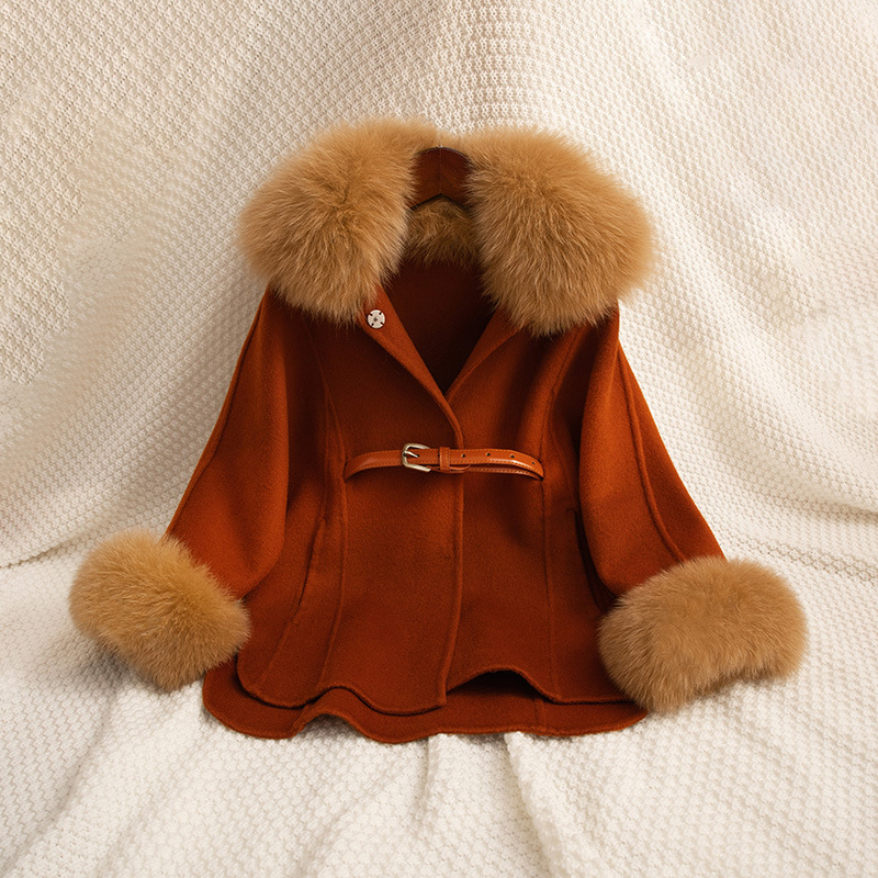 2023新款羊毛双面羊绒大衣女童儿童腰带狐狸毛领呢外套冬季中大童