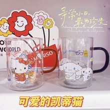 卡通玉桂狗家用水杯女ins小众简约高颜值凯蒂猫透明玻璃杯咖啡杯