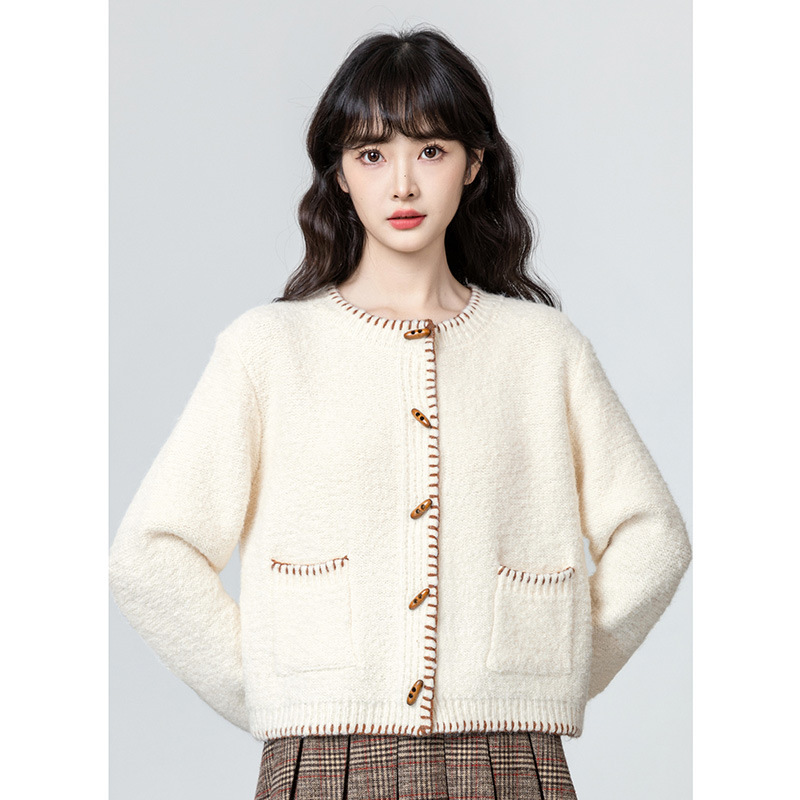 杏色牛角扣毛衣外套女2025秋冬新款慵懒宽松圆领针织开衫短款上衣|undefined
