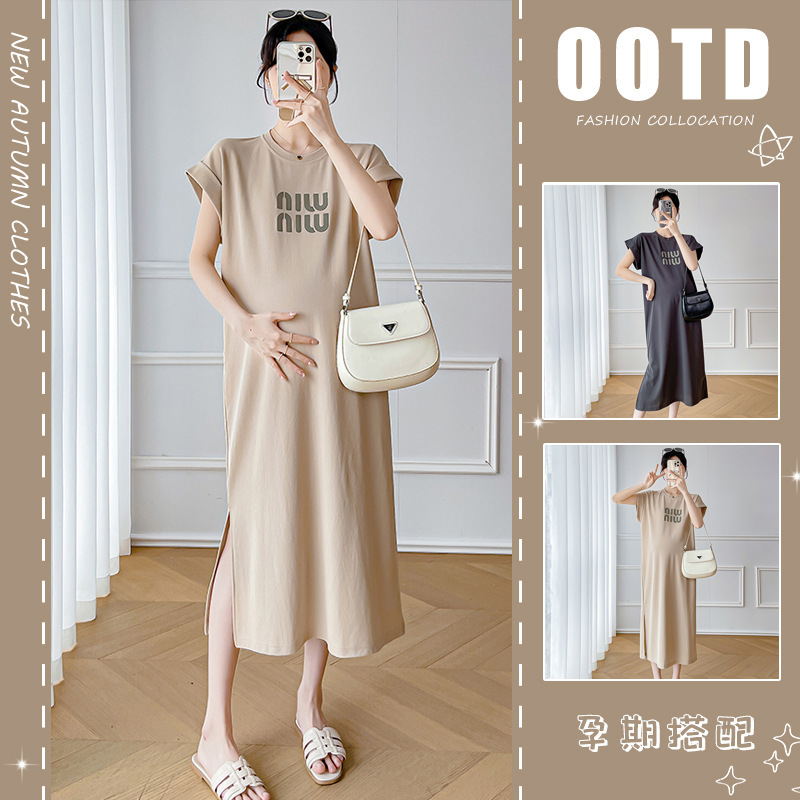 Maternity Summer Dress 2024 New Style Fashionable Casual Loose Belly-Covering T-Shirt Long Skirt Summer Maternity Dress