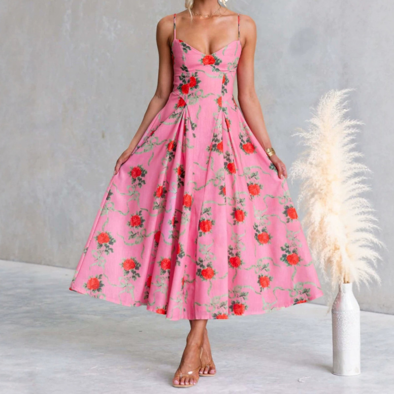 Cross-Border Foreign Trade Amazon 2026 Summer New Floral Print Waist-Cinching Flared Skirt Strap Beach Dress for Women Cross-Border Foreign Trade Amazon 2026 Summer New Floral Print Waist-Cinching Flared Skirt Strap Beach Dress for Women