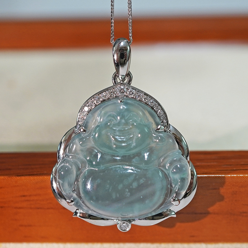 铂金PT950培育钻石翡翠笑脸佛镶嵌满钻吊坠|ms