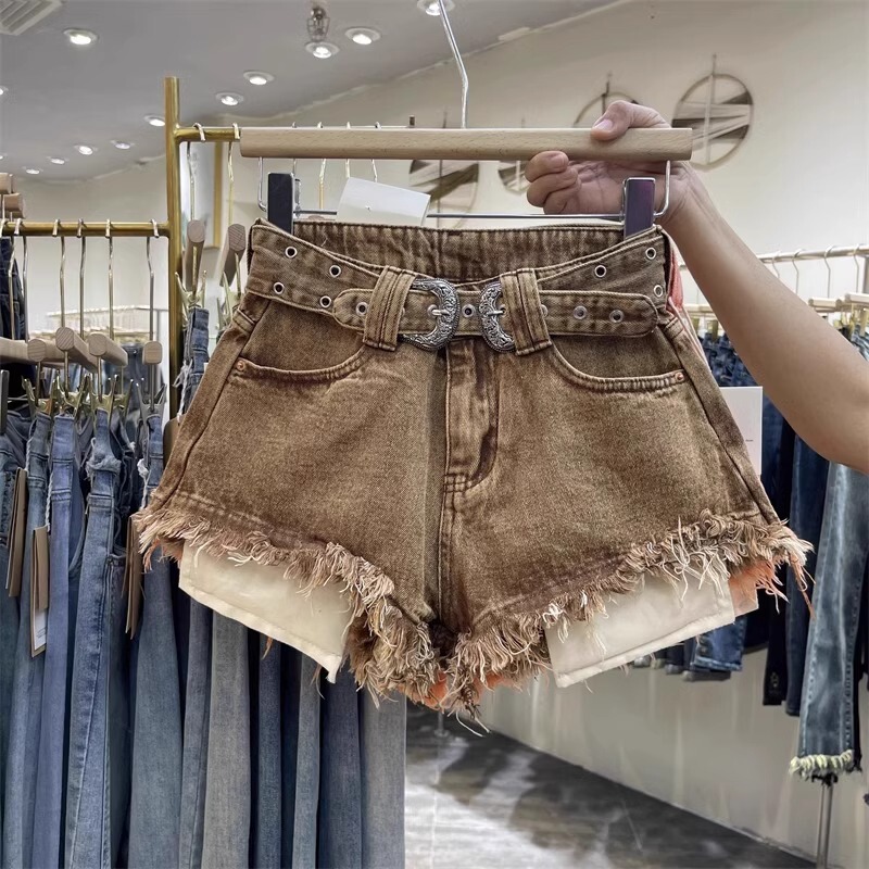 Raw Edge Sexy Hottie Denim Shorts 2025 Summer New Popular Same Style Brown High Waist Leg-Lengthening Hot Pants