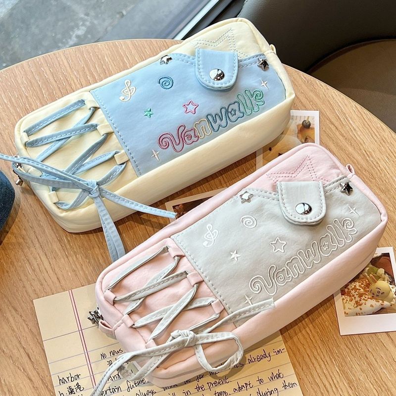 かわいいドーパミンコントラストカラーデニム痛層鉛筆バッグ高価値インスタイル大容量文具バッグ男の子と女の子用|undefined
