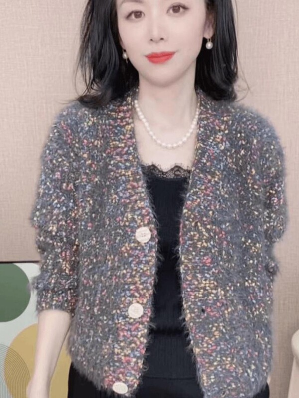 复古女时尚超好看花线彩色V领针织开衫甜美休闲宽松小香风外套|undefined