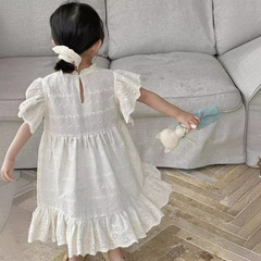 2024夏季新款韓國童裝女童全棉刺繡花邊短袖連衣裙兒童蕾絲公主裙