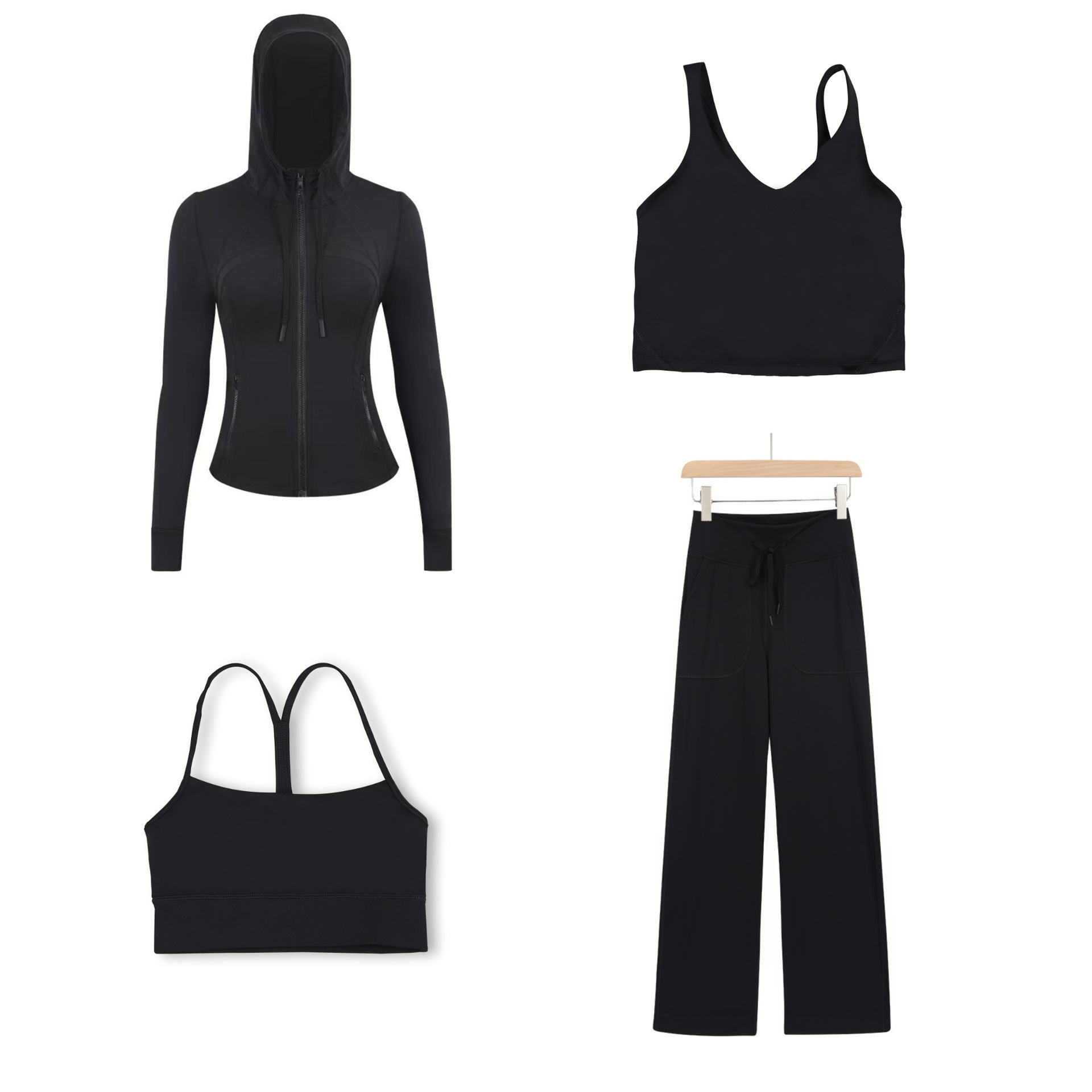 Dameskleding: Slim fit jasje met capuchon, Y-vormig vest, U-vormig vest en rechte broek, vierdelige set, elastische sportkleding_voghion.com