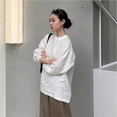100%汉麻超级慵懒简约上衣女夏季新款文艺百搭纯色圆领衬衫上衣女