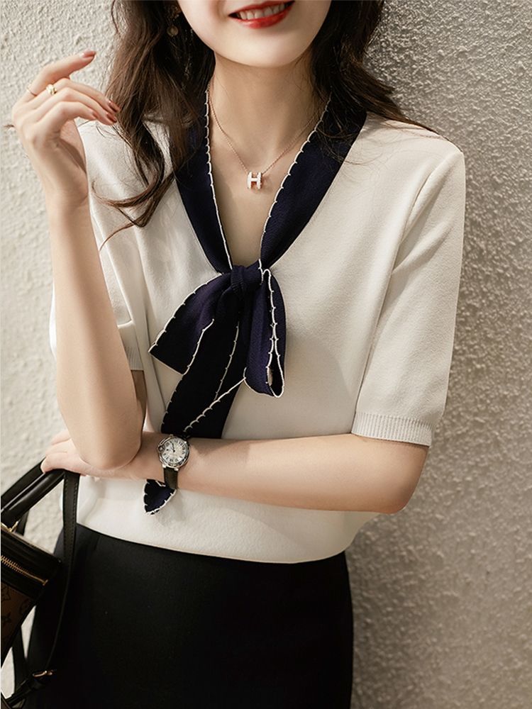 D6237 580K ÁO THUN NỮ DONTDO THẮT NƠ BƯỚM NGẮN TAY CỔ CHỮ V THỜI TRANG NỮ G01 SẢN PHẨM MỚI