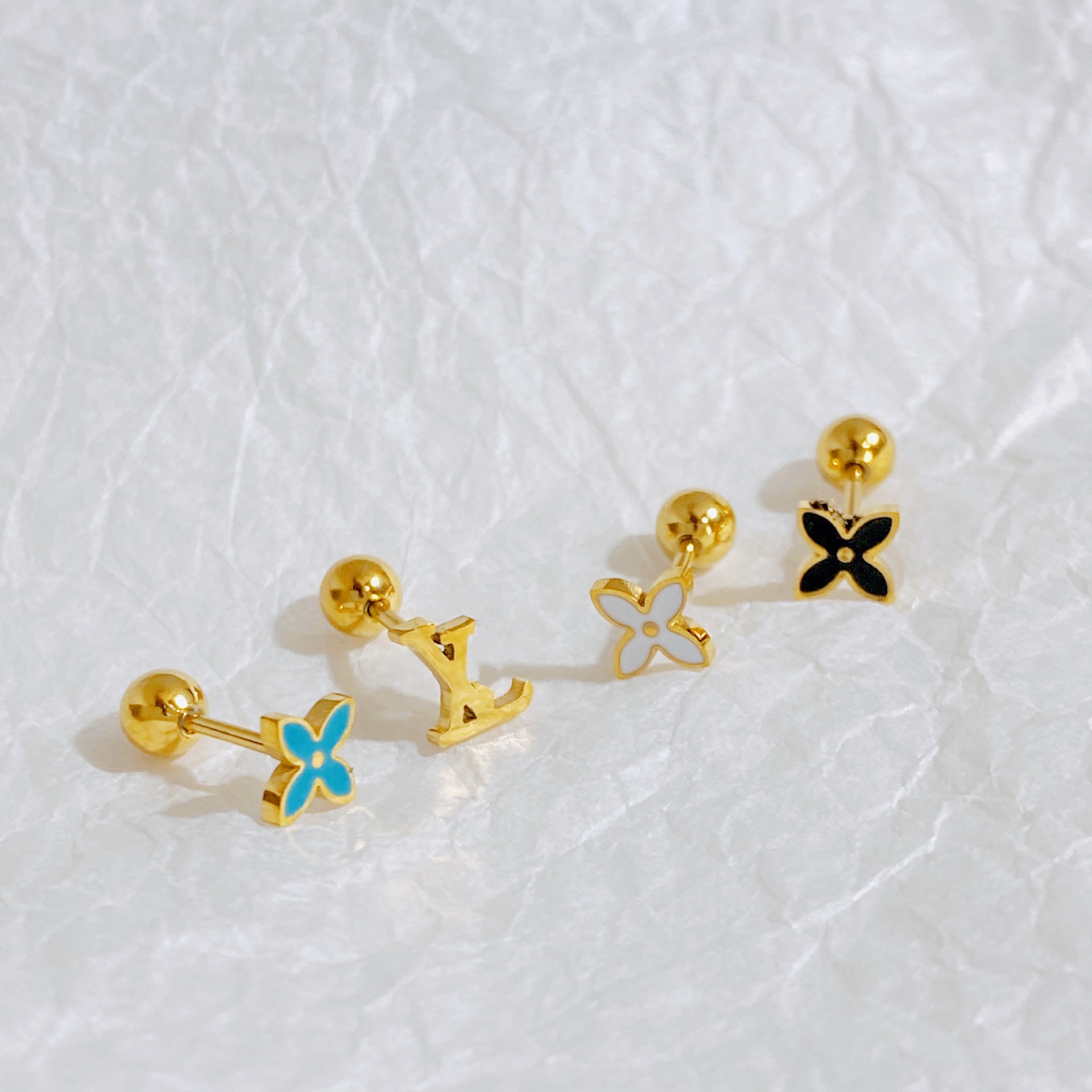 Simple Style Four Leaf Clover Titanium Steel Plating Ear Studs 4 Piece Set