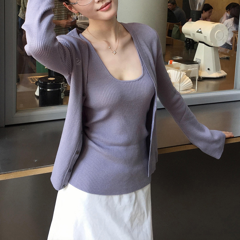 针织开衫外套女秋季长袖薄款挂脖背心紫色设计感两件套装2025新款|undefined