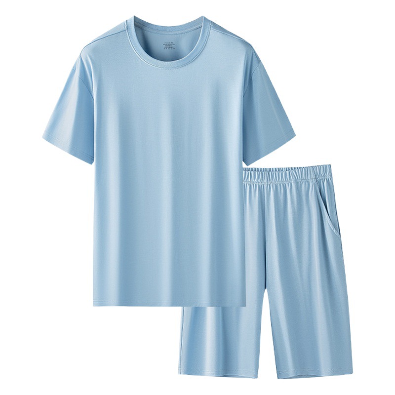 [Volumen boutique] nueva youke seda primavera y verano de los hombres color sólido cuello redondo manga corta shorts traje en stock pelo rápido