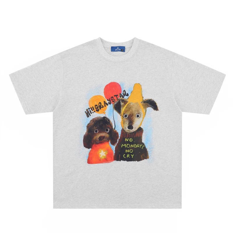 2025 新アーティスト子犬プリント夏の新ピュアコットンルーズオフショルダー半袖トップカップル Tシャツ|undefined