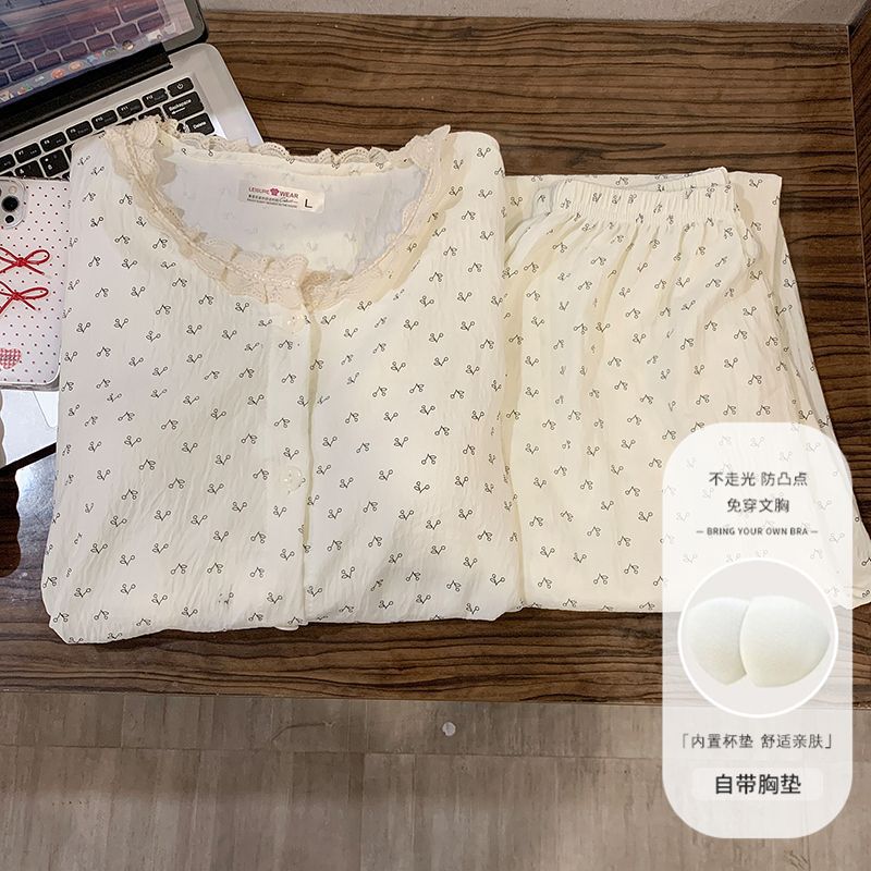 Pijamas al por mayor transfronterizos de mujeres con cojín de pecho primavera y otoño cardigans de mangas largas pantalones dulces nubes de algodón perfumado ropa para el hogar
